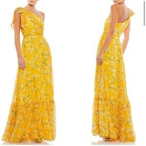 Mac Duggal Floral Print One-Shoulder Chiffon A-Line Gown